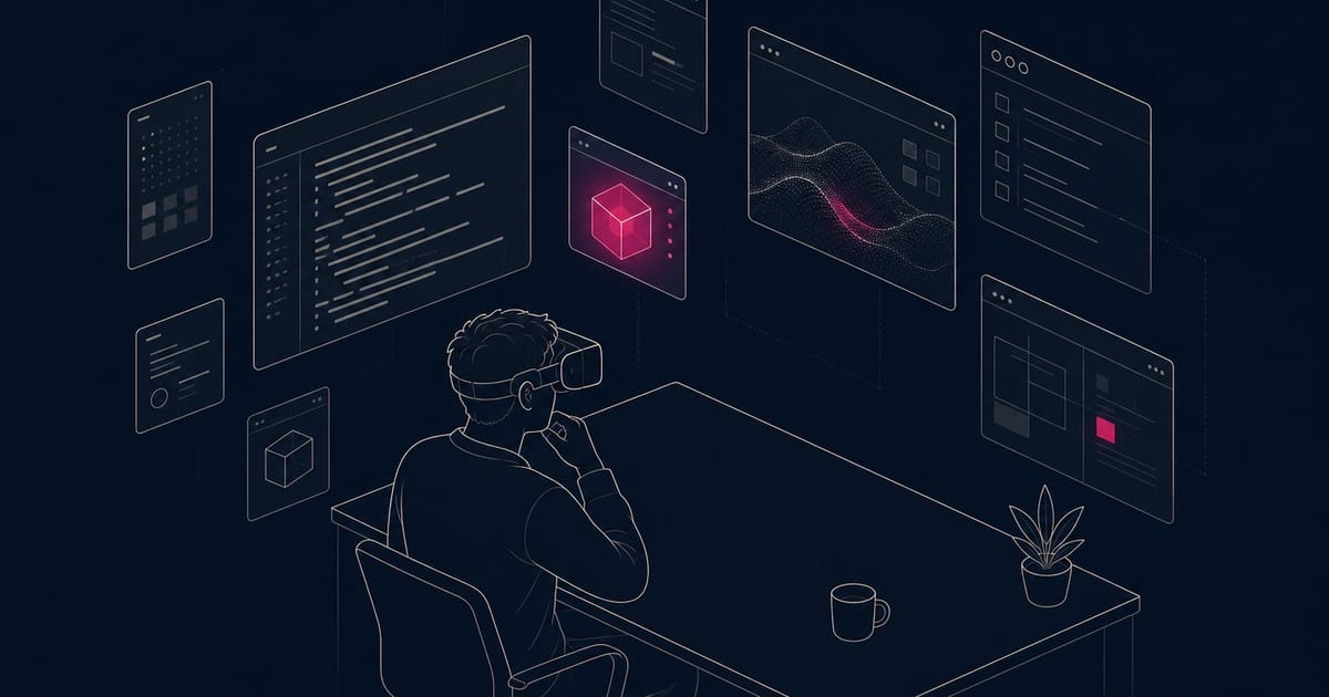 VR 헤드셋을 쓰고 허공의 여러 코드 창에 둘러싸인 사람 일러스트
